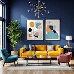 Artistic Home Interior Design: A modern interior features an artistic touch, showcasing a bright yellow sofa, a pair of abstract artworks, and a stylish lighting fixture.