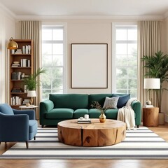 Cozy Living Space: A beautifully arranged living room boasts elegant decor with a modern twist, featuring a comfortable couch, stylish accents, and ample natural light creating a welcoming ambiance.