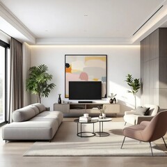 Contemporary Living Room: A serene living room bathed in natural light, with a minimalist aesthetic, featuring modern furniture, sleek lines, and a harmonious color palette.