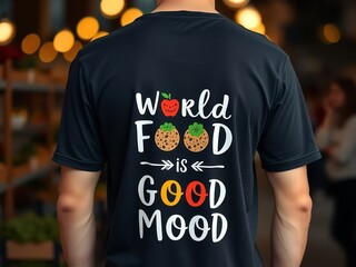Back view of a man wearing a food themed T-shirt.