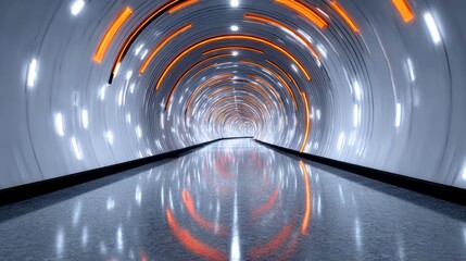 Futuristic tunnel with illuminated circular patterns and reflective floor, creating a dynamic visual experience, showcasing modern design and innovative architecture in a captivating environment