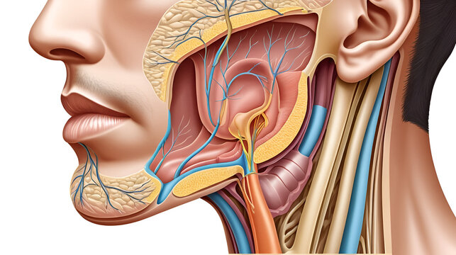 Parotid salivary gland. The structure of the parotid salivary gland. Vector illustration on isolated background