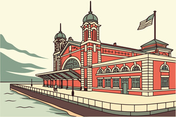 Ellis Island Immigration Monument in New York Harbor, New York, historic red-brick building with arched windows and domes