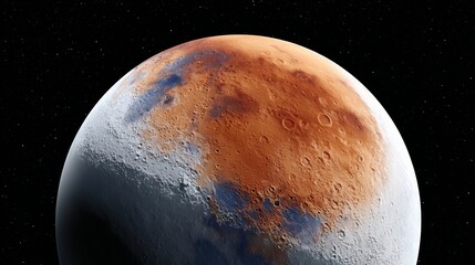 Detailed view of Mars showcasing its reddish surface, craters, and rocky terrain, surrounded by a starry space backdrop, illustrating the unique features of the fourth planet from the Sun