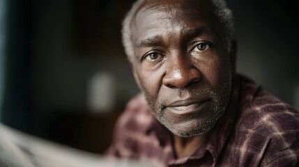 Obraz premium A close up portrait of an elderly African man with grey hair and a thoughtful expression looking directly at the