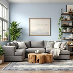 Cozy Living Room Design: A beautifully designed living space, featuring a large gray sectional sofa, wooden coffee table, and decorative plants, creating a tranquil atmosphere.