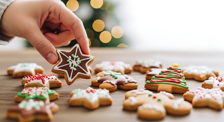 Hand holding star shaped christmas cookie with decorated cookies and lights in background