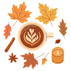 Vector illustration of a cup of coffee surrounded by autumn leaves, candle, cinnamon and anise. Cozy autumn concept for seasonal design, posters, social media and advertising