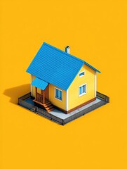 A small, vibrant yellow house with a blue roof sits on a bright yellow background, showcasing a simple, isometric design and a picket fence.