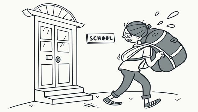 Stick figure child carrying huge backpack walks towards school entrance door illustration - Powered by Adobe