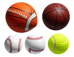  Set of various balls for sports isolated on transparent background PNG. Baseball, tennis, basketball, football 