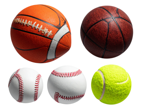  Set of various balls for sports isolated on transparent background PNG. Baseball, tennis, basketball, football 