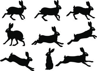 Rabbit silhouette vector set in various poses, running, sitting, leaping, animal motion, black bunny shape, wildlife illustration pack