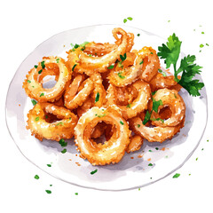 Fried Calamari, watercolor painting vector, isolated on a white background.