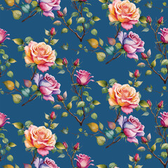 Beautiful a pattern with roses on blue background