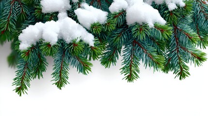 Evergreen branches adorned with fresh snowflakes, creating a serene winter atmosphere, showcasing vibrant green needles and soft white snow, perfect for seasonal decorations and holiday themes