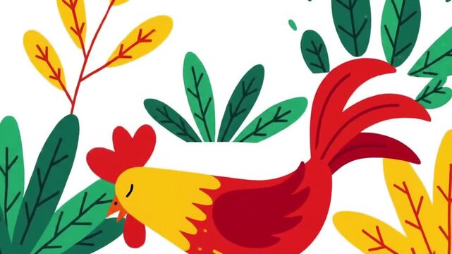 Animated rooster pattern with vibrant foliage and tropical ambiance background loop