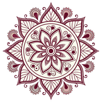 Intricate maroon and cream mandala design with floral and paisley elements on a white background ornamental round lace ornament