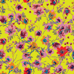 a floral pattern with red, yellow and blue flowers