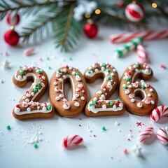 Text "2026" formed from gingerbread cookies with white icing on a white table background, decorated with colorful candy canes and edible glitter, evoking a sweet Christmas treat.