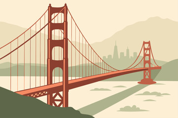 Fototapeta premium Golden Gate Bridge in San Francisco, California, iconic red suspension bridge spanning foggy bay waters with city skyline beyond