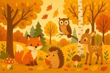 Fototapeta premium Cute autumn forest scene with fox, hedgehog, fawn, and owl amid golden trees, falling leaves, mushrooms, and birch, warm cartoon style for children.