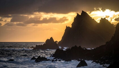 Dramatic Sunset Over Rocky Coastline.