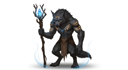 Fototapeta premium Anthropomorphic wolf character stands holding a crystal-topped staff, adorned with tribal markings and wearing a loincloth.