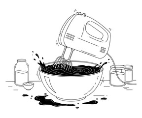 Hand Mixer with Bowl Illustration in Simple Line Style in Black and White