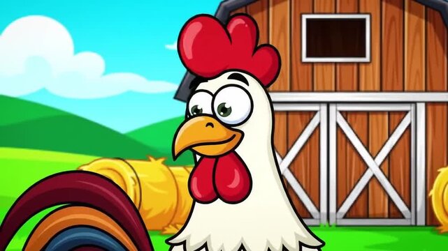 Animated rooster on a farm landscape with barn and hay bales, cartoon style video