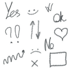A set of hand-drawn sketch icons consisting of arrows, exclamation marks, question marks, a smiley face, and the words yes, no, and ok.