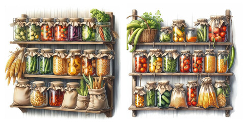 Harvest kitchen pantry stock old cabinet vintage illustration
