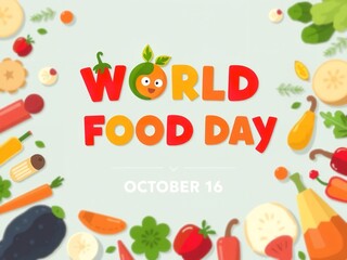 World Food Day illustration with colorful food, celebrating October 16 globally.
