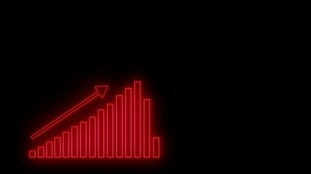 Neon Bar Chart Animation Representing Business Growth and Financial Performance, Neon Red Declining Bar Chart on Black Background