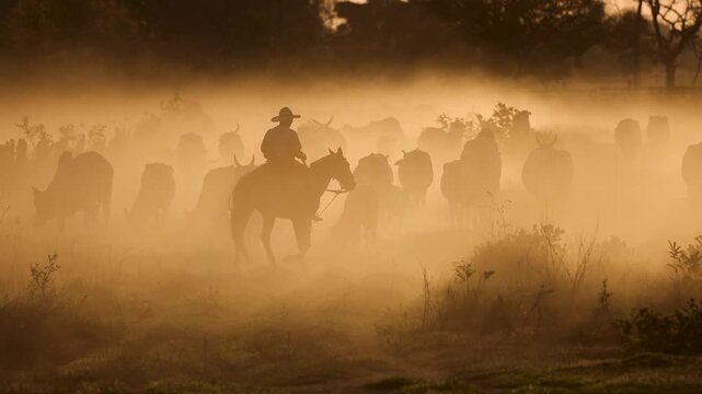 Cowboy on a ranch at sunset