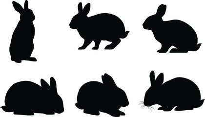 Rabbit silhouette vector set with various poses, black animal shapes, wildlife clipart for design, nature illustration, hopping bunny art