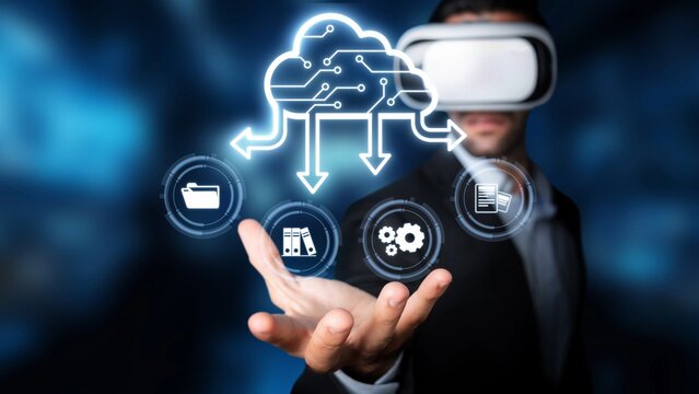 A man in a business suit engages with cloud technology while wearing a virtual reality headset, showcasing innovative digital concepts and the future of data interaction. Raster