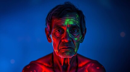 portrait of a senior man in neon paints