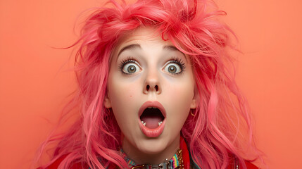 Shocked girl with vibrant pink hair and a distinctive fashion style, characterized by eclectic clothing and bold accessories, looking with wide eyes and an open mouth, her facial expression conveying 
