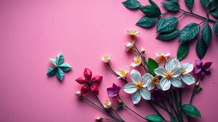 flowers on pink flat background
