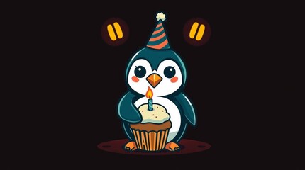 happy birthday cake with candle and tiny penguin in a birthday hat illustration