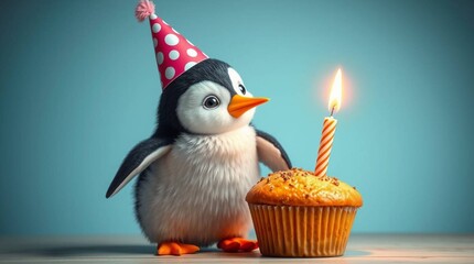 penguin with birthday cake with a candle 