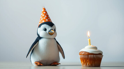 happy birthday cake with candle and tiny penguin in a birthday hat