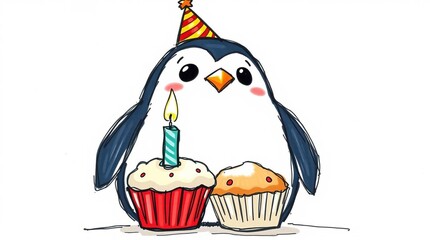 happy birthday cake with candle and cute penguin in a birthday hat illustration