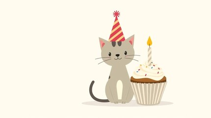 birthday cake with candle and tiny cat in a birthday hat