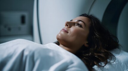 A woman lies calmly on a table inside a medical imaging scanner during a diagnostic procedure