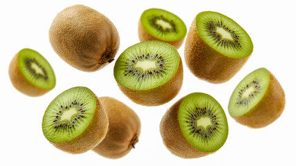 Fototapeta premium Fresh ripe kiwi fruit sliced and whole scattered against a clean white surface