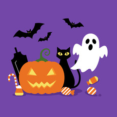 A Halloween-themed illustration featuring a smiling pumpkin, black cat, ghost, bats, tombstone, and candy on a purple background.