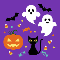 Halloween illustration featuring a jack-o'-lantern, black cat, ghosts, bats, and candy on a purple background.