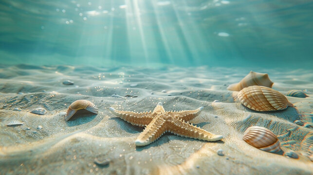 Underwater tranquility starfish seashells and sunbeams create a serene ocean scene